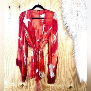 Rare KMilele Red Tie-Dye Kimono Boho Silk Top with tie fringe sleeves Sz M Gypsy